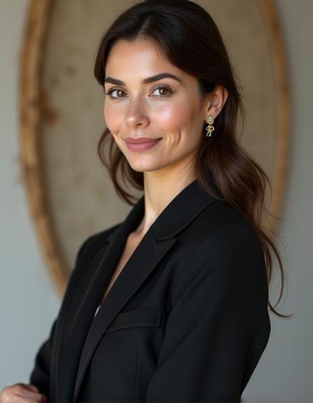 Professional and artistic portrait of Elara Vance, lead designer of Silken Thread Atelier, exuding confidence and creativity.
