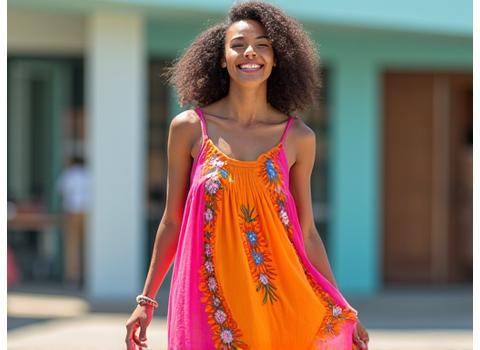 RTW24 Aurora Collection - Model in vibrant, ready-to-wear dress, bright and playful