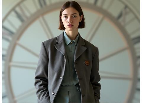 AW23 Chronos Collection - Model in timeless, tailored piece with subtle futuristic elements