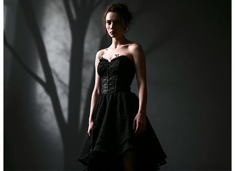 FW23 Nocturne Collection - Model in dark, structured evening wear under dramatic lighting