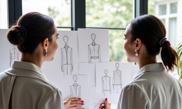Fashion consultant reviewing sketches with a client in a stylish atelier