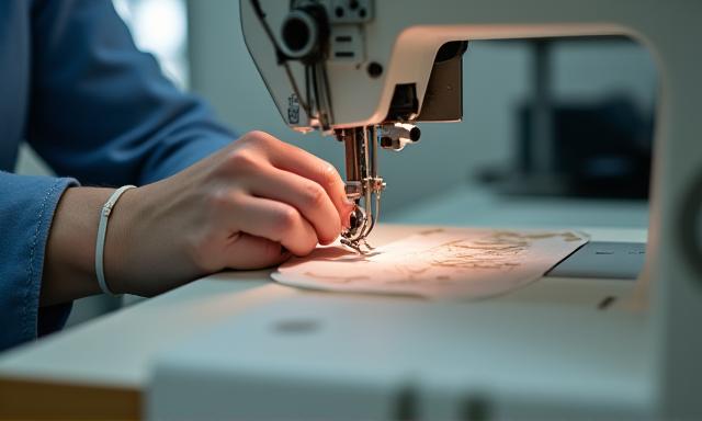 Close-up of hands working on a sewing machine in a clean production studio