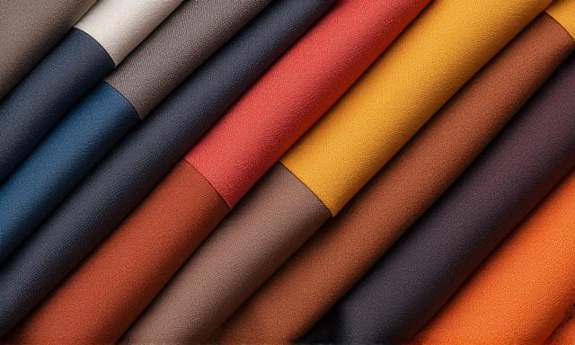 Various luxury fabric swatches in different textures and colors, some sustainable